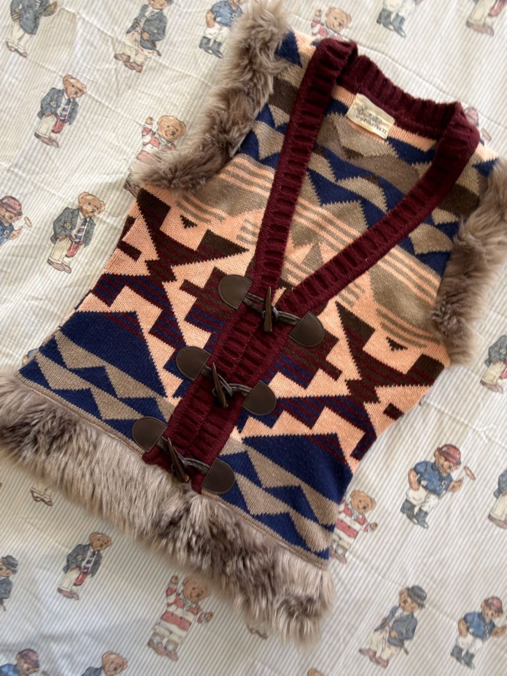 Vintage Forever 21 Fur Trim Aztec Knit Vest
